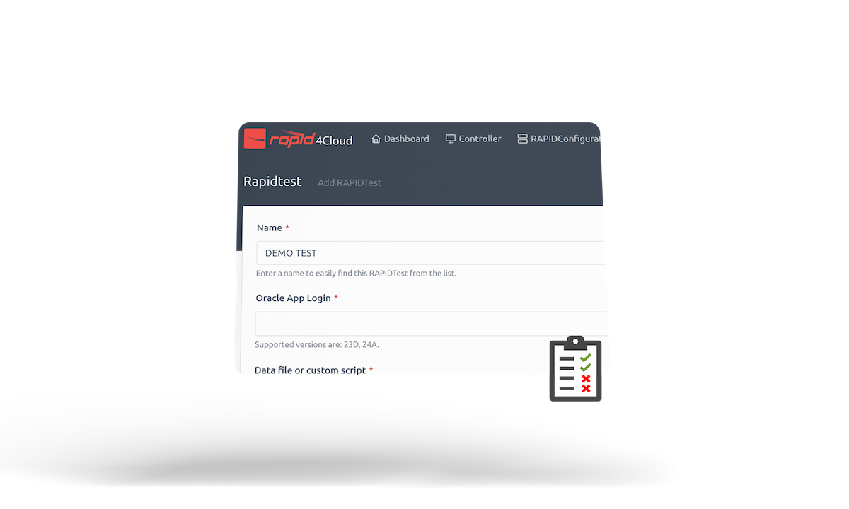 A screenshot of Rapid4Cloud's Platform showcasing adding a RAPIDTest.
